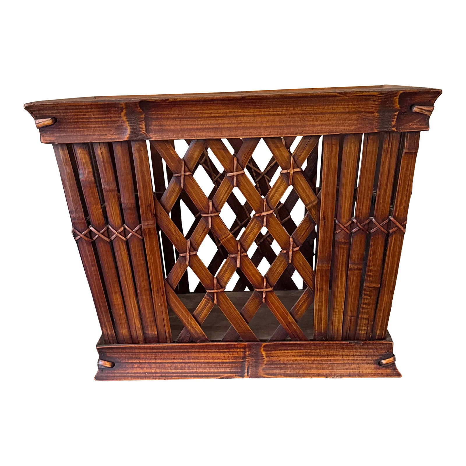 Vintage 1970s Bamboo & Rattan Magazine Rack: Wonderful Bamboo & Rattan Midcentury Magazine Rack. Very unsual style, good size and looks. no broken or missing pieces! Condition: Alterations: Original Condition Unaltered Imperfections: Some