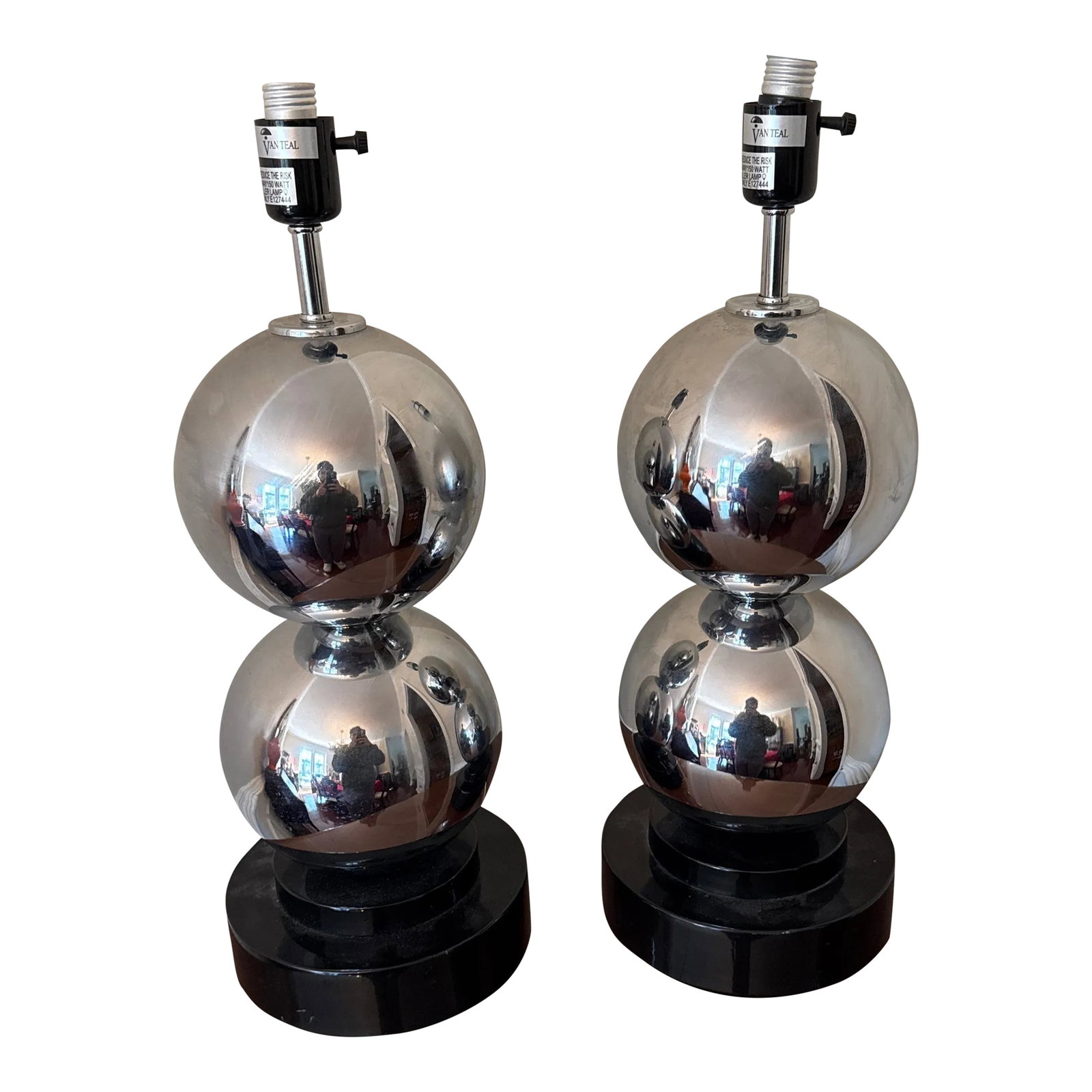 1970s Vintage Van Teal Chrome Ball Table Lamp ~ a Pair: Beautiful pair of vintage van teal chrome ball stacker lamps, true midcentury all original Condition: Alterations: Original Condition Unaltered Imperfections: Some Imperfections Condition Notes: In