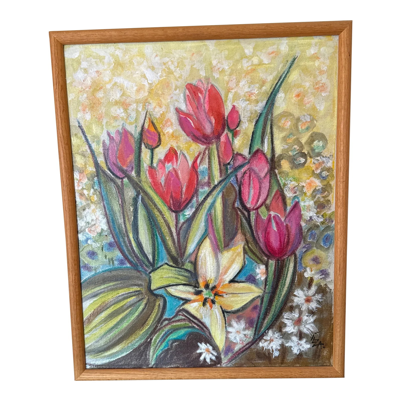 Vintage 1960s Tulips Oil Painting Signed Ilza Hahlo ~Framed: Beautiful vintage floral oil painting, good look and size to it. Original frame by artist Condition: Alterations: Original Condition Unaltered Imperfections: Some Imperfections Condition Notes: In goo