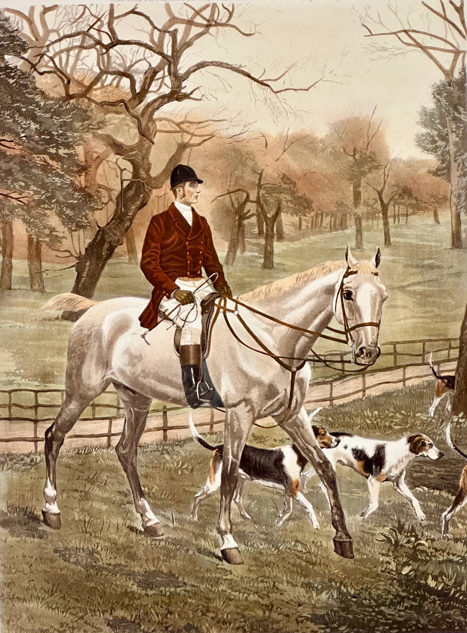 Going to the Meet by Wallace Hester, 1893 (Unframed): Original engraving by Wallace Hester. Published by F.C. McQueen & sons, Newmarket House, Haymarket, London, 1893. Unframed. Dimensions: 22.5 x 27" Condition: Alterations: Original Condition Unaltered