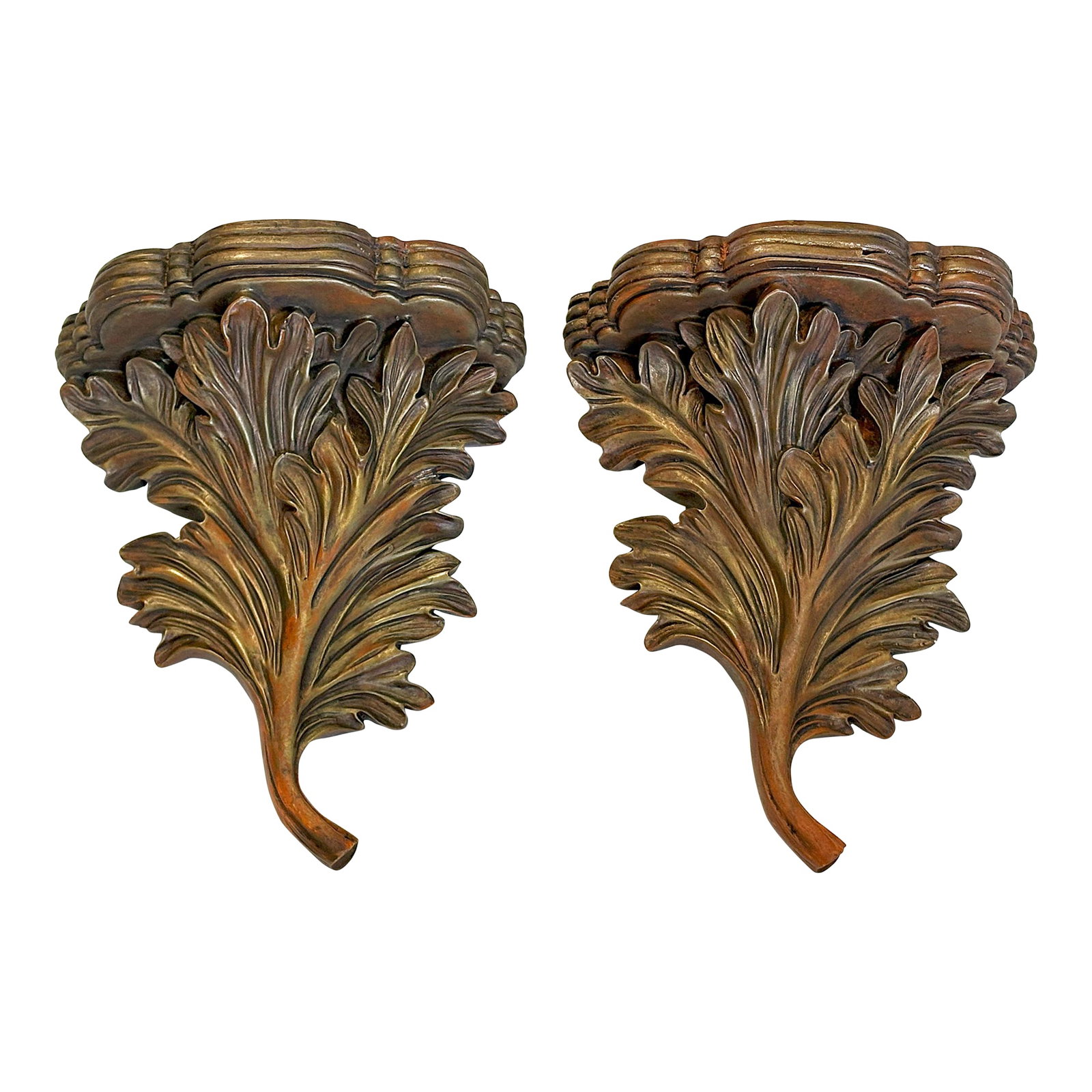 Vintage Acanthus Leaf Bronze Painted Wall Brackets- a Pair: Nice vintage pair of decorative wall brackets. They're made of a molded synthetic material with an acanthus leaf design and finished in a rich bronze painted faux finish. Very sturdy and ready to