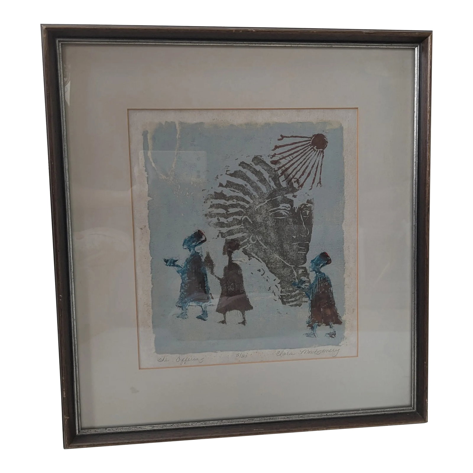 Mid 20th Century Vintage Framed Clara Montgomery Lithograph: This Vintage Framed Clara Montgomery Lithograph is a stunning example of a refined artistic style, capturing both elegance and emotion. The soft, muted tones and delicate composition make this piece a
