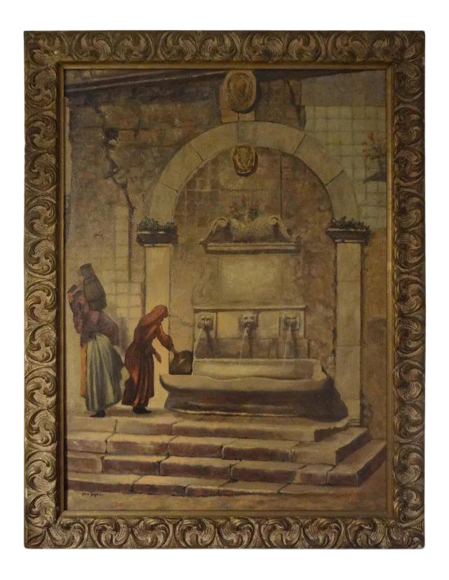 1920s Louis Saphier Signed Orientalist Scene Oil on Canvas: Louis Saphier was active and lived in both New York and Holland. He is known for landscapes, garden scenes, portraits and rural genre paintings. New York artist Louis Saphier (1875 - 1954) is perhaps