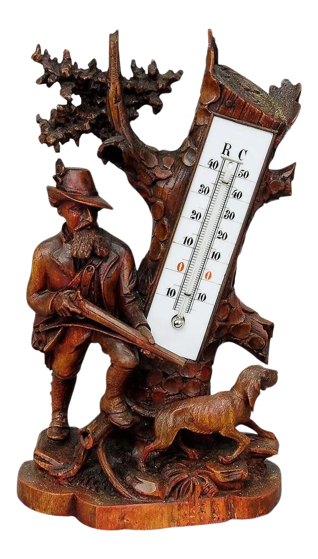 1910 Hunter and Staghound Carved Wood Thermometer Stand: Finely Carved Wood Thermometer Stand Hunter and Staghound 1910 A Black Forest thermometer with impressive carved hunter and staghound standing on a naturalistic carved base by a stump. The sculpture