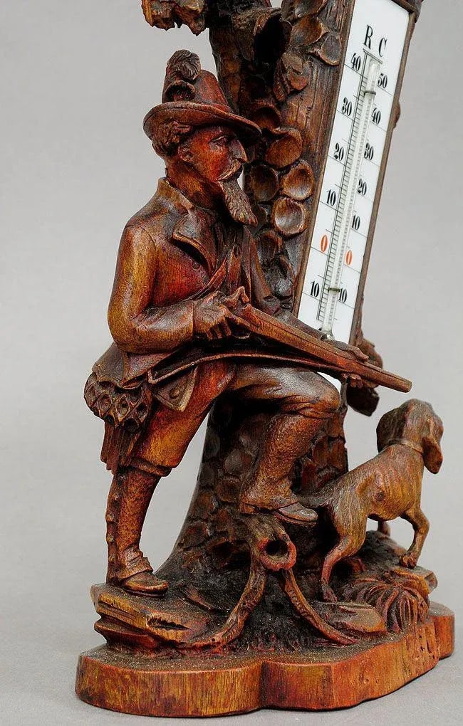 1910 Hunter and Staghound Carved Wood Thermometer Stand - 2