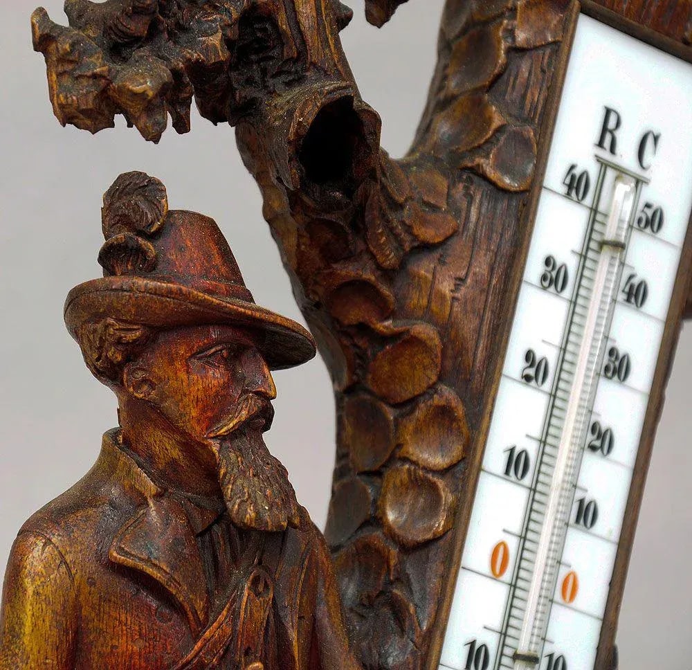 1910 Hunter and Staghound Carved Wood Thermometer Stand - 3