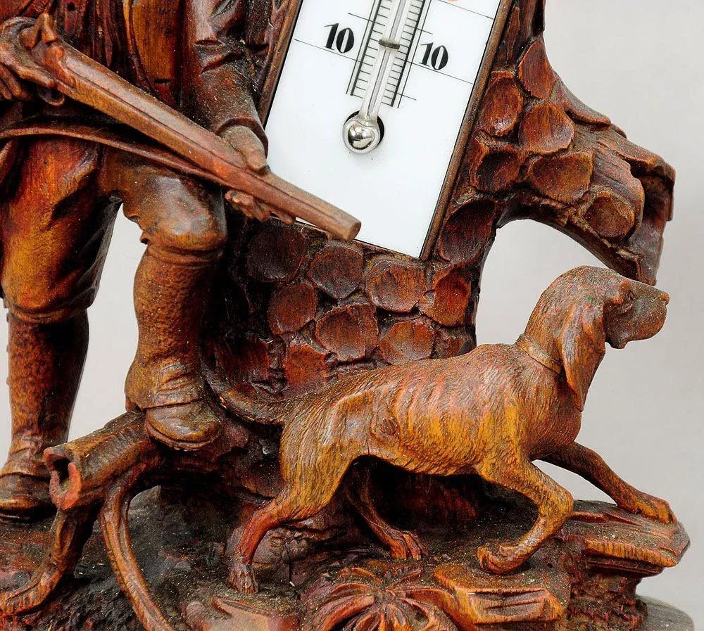 1910 Hunter and Staghound Carved Wood Thermometer Stand - 4
