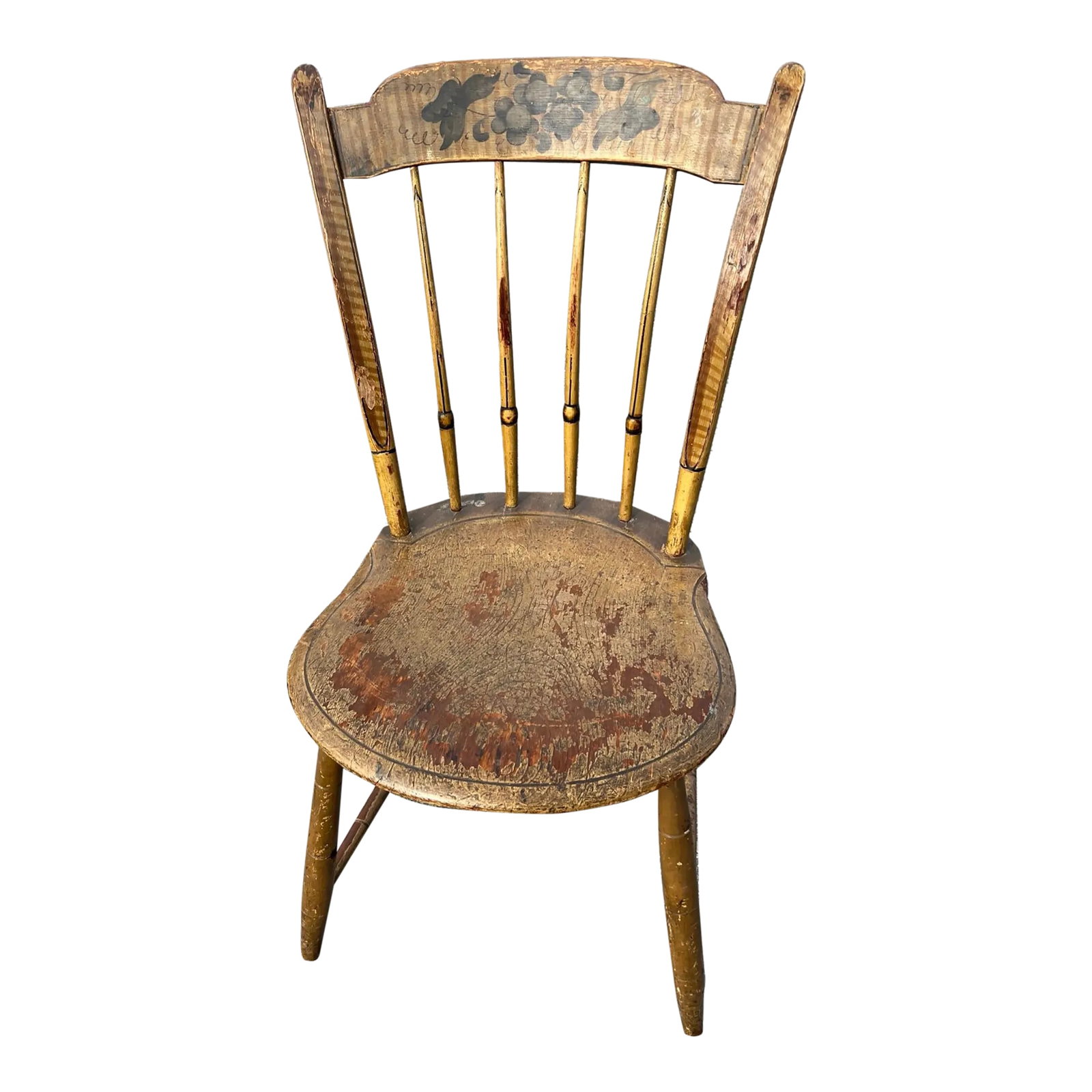 A Antique New England Paint Decorated Country Farmhouse Windsor Side Chair, 1820's: Antique New England Paint Decorated Country Farmhouse Windsor Side Chair, 1820s New Hampshire or Vermont, circa 1820's Original paint decoration. As found surface. Size: 18" wide, 17" deep, and 34"