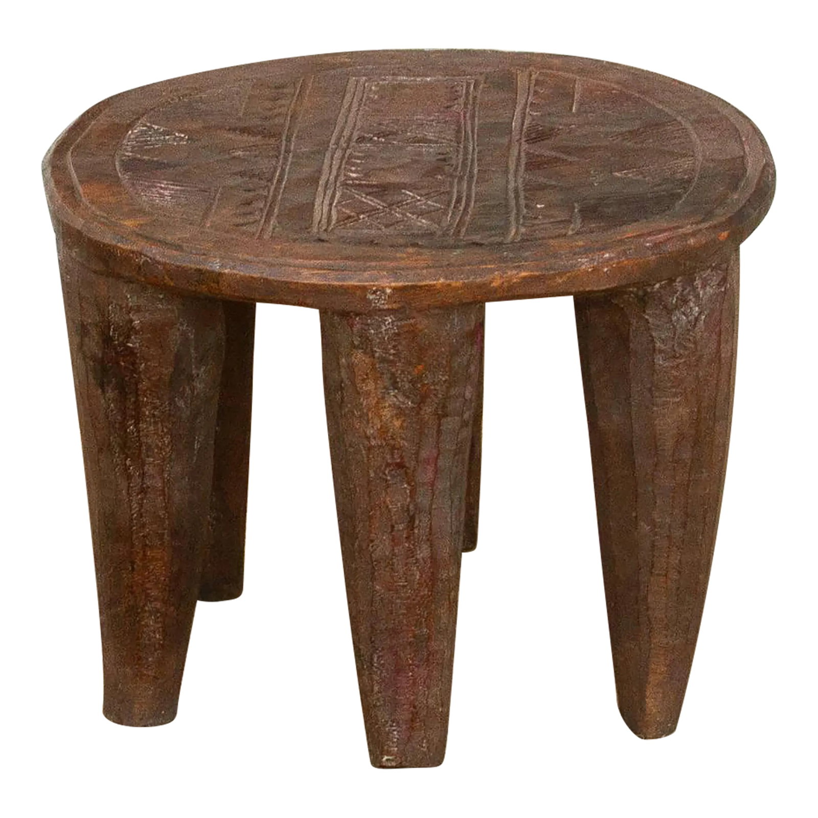 Maximalist African Nupe Table: A unique piece of African art, this vintage Nupe table from Nigeria is a must-have for collectors and enthusiasts of Nupe culture. Carved from a single log of wood and standing on chunky tapered