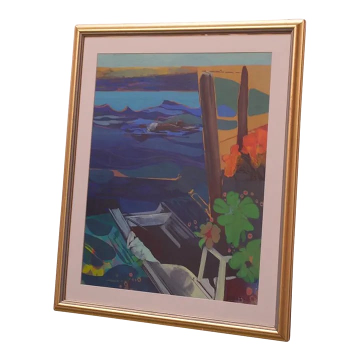 Coastal Island Landscape Oil and Watercolor on Canvas: Ca. 1970s, American mixed-media oil and watercolor on canvas depicting a coastal island landscape. Pleasant subject matter in bold, attractive color palette. Glass-fronted frame included. Framed: H: 2