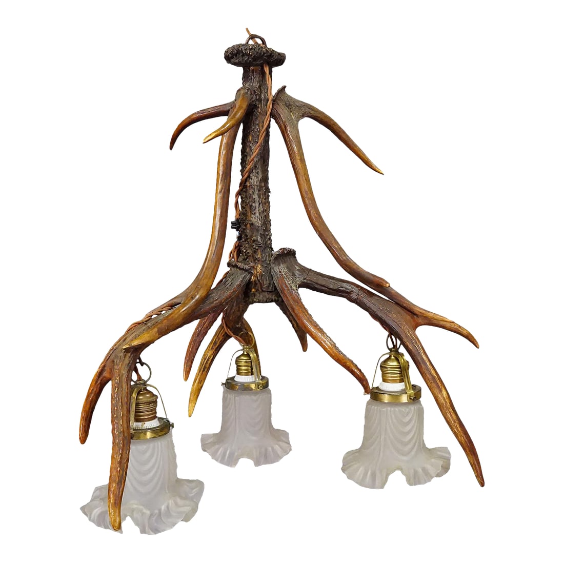 Large Black Forest Ceiling Lamp With Deer Antlers: Large Black Forest Ceiling Lamp with Deer Antlers A large antler chandelier made from assembled deer antlers. The lamp comes with 3 spouts fitted with vintage glass shades. Made in Germany ca. 1920,
