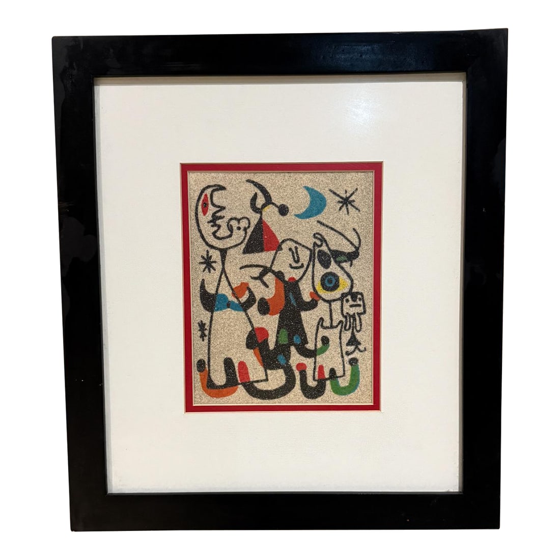 1970s Abstract Color Sand Art After Joan MirÃ³ Mexico City: For your consideration, a mid-century modern sand art painting after Joan MirÃ³. Artwork combining surrealism with abstract art. Unsigned. Dimensions: 17.75" H x 15.75" W x 1" D. Art 9" H x