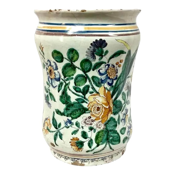 Italian Majolica Pharmacy Jar: Late 18th century Italian Majolica Polychrome Pharmacy Jar or Albarello, dated 1777. These jars were use in apothecaries to hold medicinal herbs, powders, and other substances for healing. The