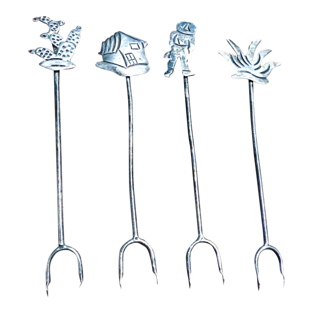 1950s Whimsical Sterling Silver Cocktail Forks Mexico: For your consideration, 1950s Sterling Silver Cocktail Forks Appetizer Picks Taxco Mexico Signed Maricela Tasco. Listed item includes 4 forks Dimensions: 3.13 long x .63 w Please take a look at our