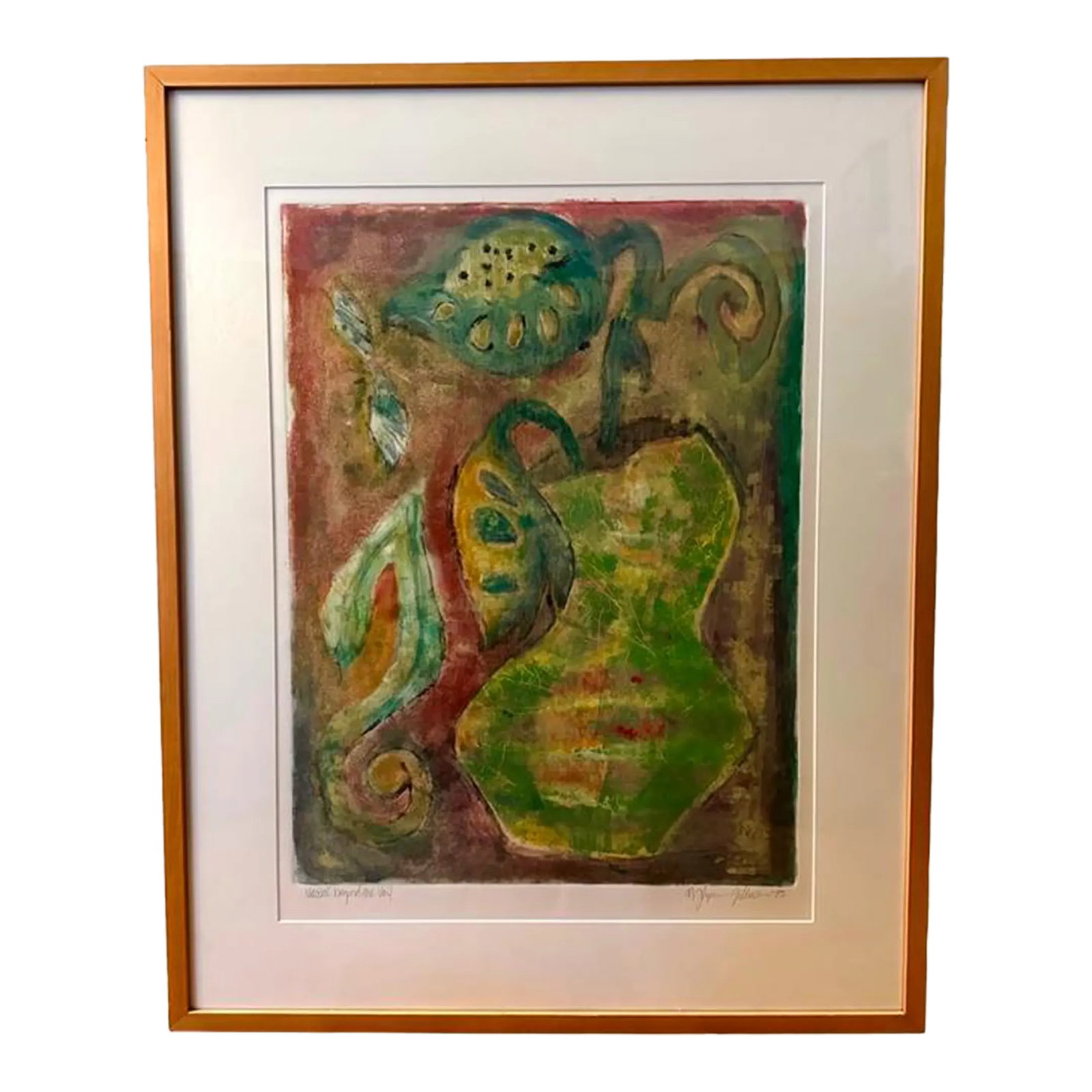 Vessel Beyond the Veil by N. Flynn/ Gillis 1993: This mixed media piece titled "Vessel Beyond the Veil" is by N. Flynn/ Gillis (1993). It is a textural and abstract still life. Excellent condition. Condition: Alterations: Original Condition