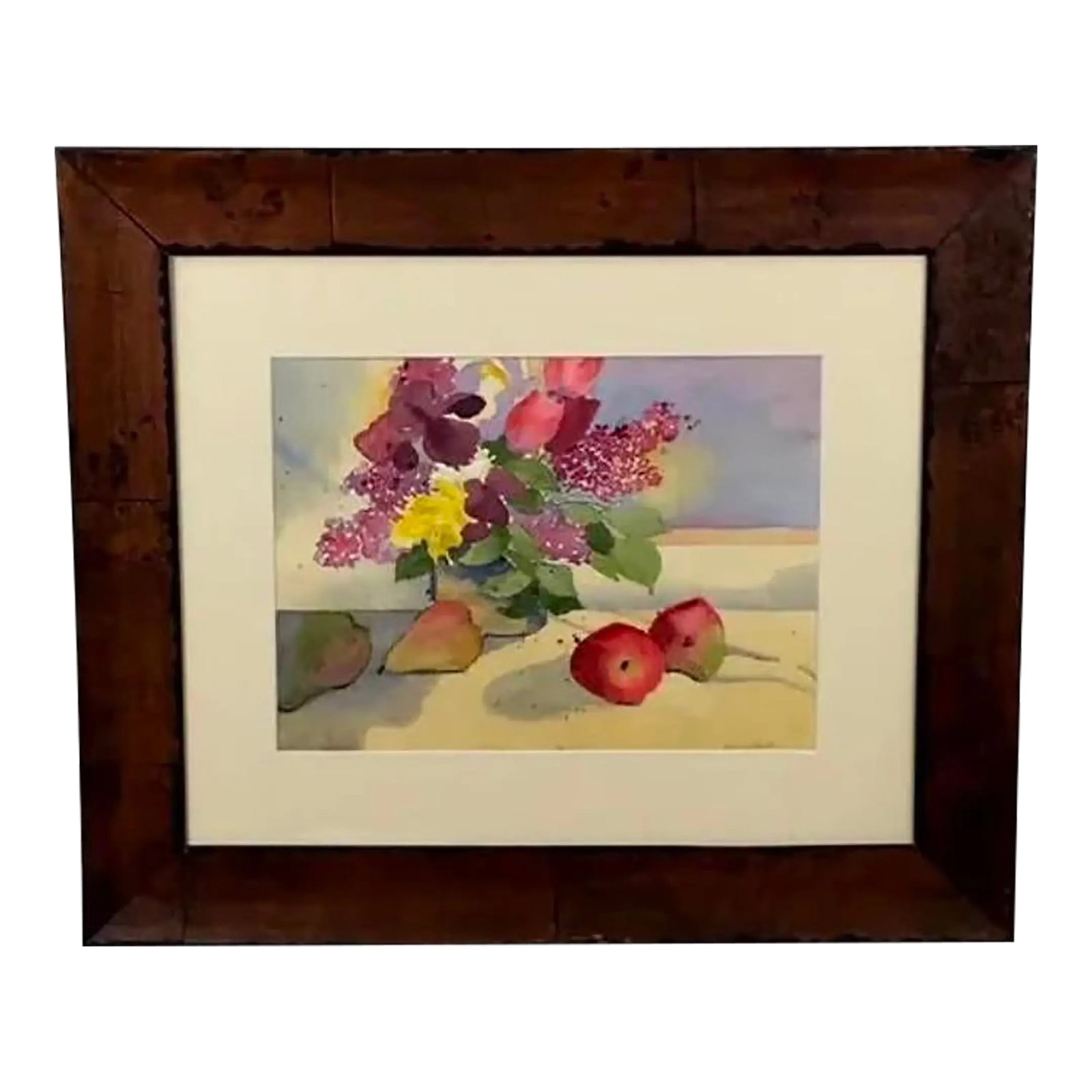 Fruit and Flowers Watercolor by Amy Parker: Beautiful Fruit and Flowers Watercolor by Amy Parker. Thick mahogany colored rustic wooden frame. Great art for the kitchen! Vintage but very good condition. Condition: Alterations: Original Condition