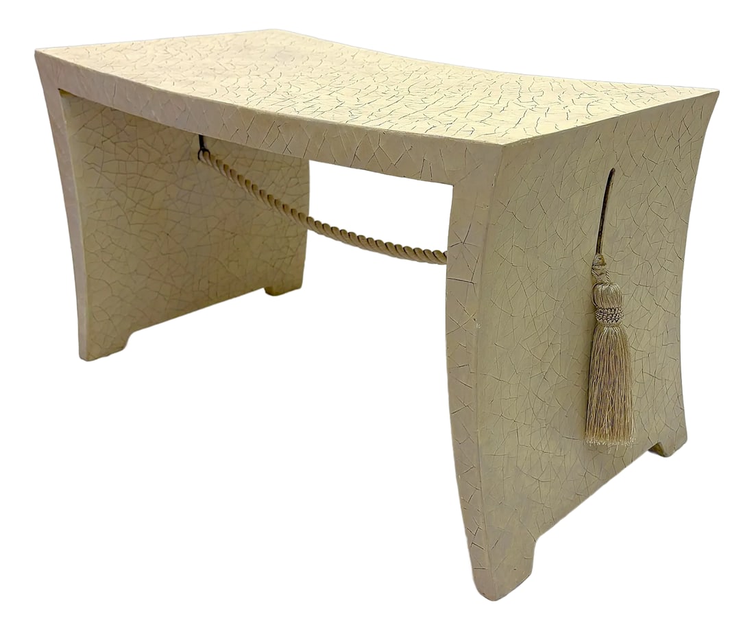 Vintage Tassel Pagoda Bench by Thomas Pheasant for Baker Furniture in Crackle Finish: Asian modern bench by Thomas Pheasant for Baker Furniture circa 2002. The piece is made of heavy solid wood with a pagoda shape and sweeping silk tassel decoration. It's finished with a crackle