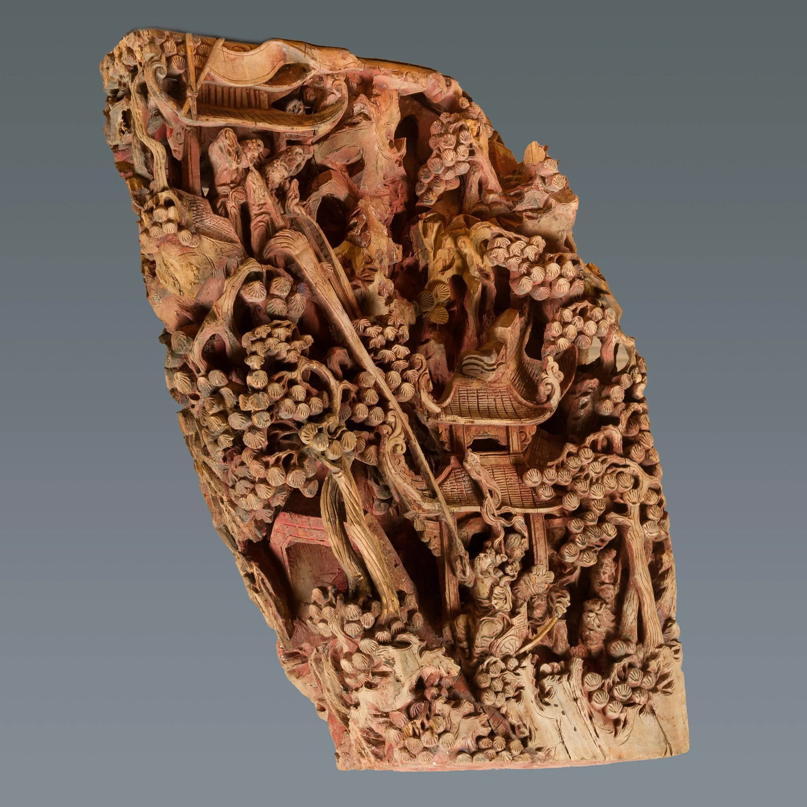 Antique Chinese Hand Carved Temple Corbel with Original Red Polychromy - 10