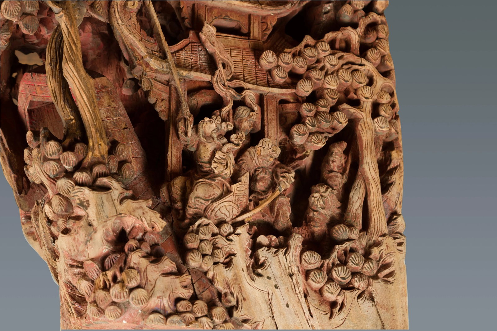 Antique Chinese Hand Carved Temple Corbel with Original Red Polychromy - 11