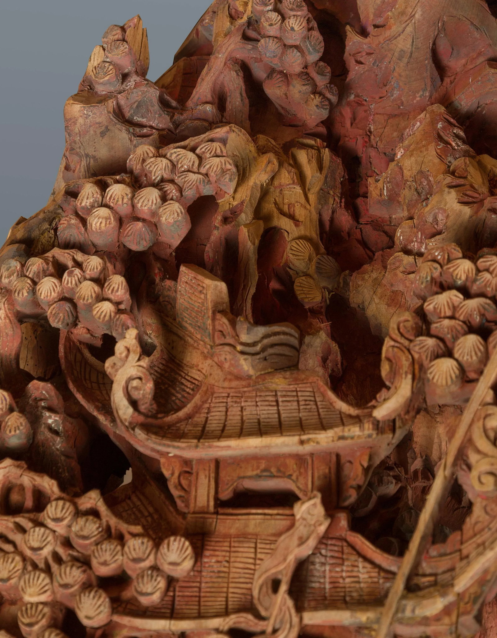 Antique Chinese Hand Carved Temple Corbel with Original Red Polychromy - 12