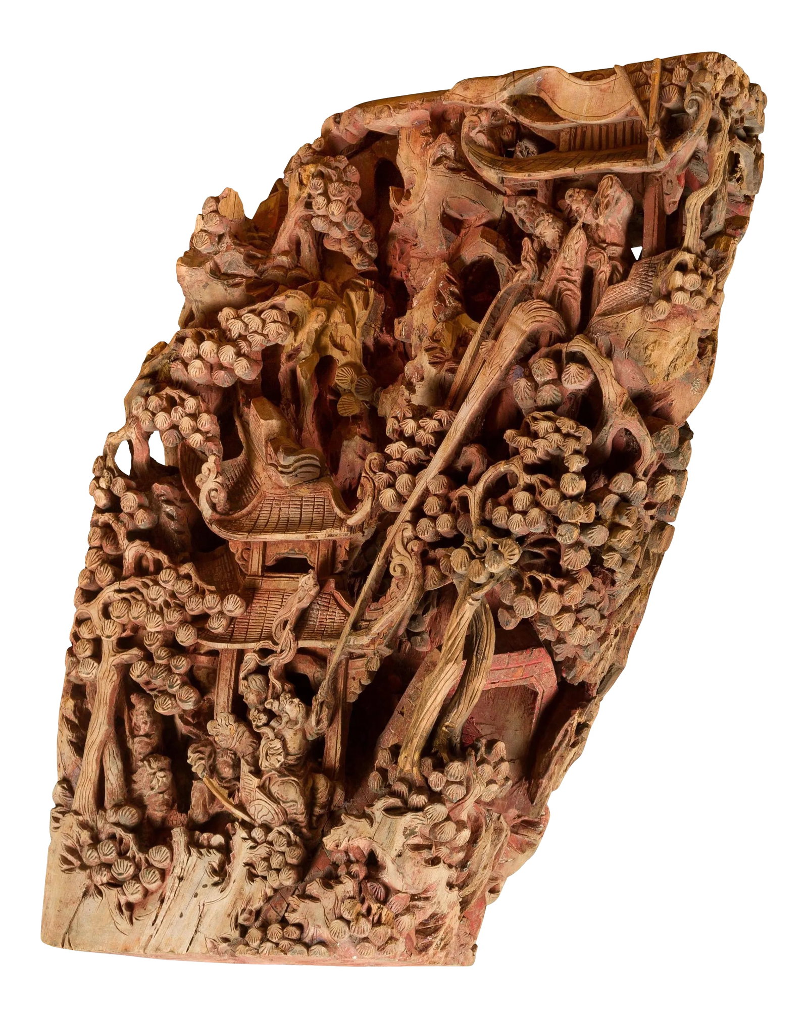 Antique Chinese Hand Carved Temple Corbel with Original Red Polychromy: An antique Chinese hand carved wooden temple corbel from the 19th century, with characters, pagodas, vegetation and red polychromy. This Chinese architectural fragment is carved with an abundant d