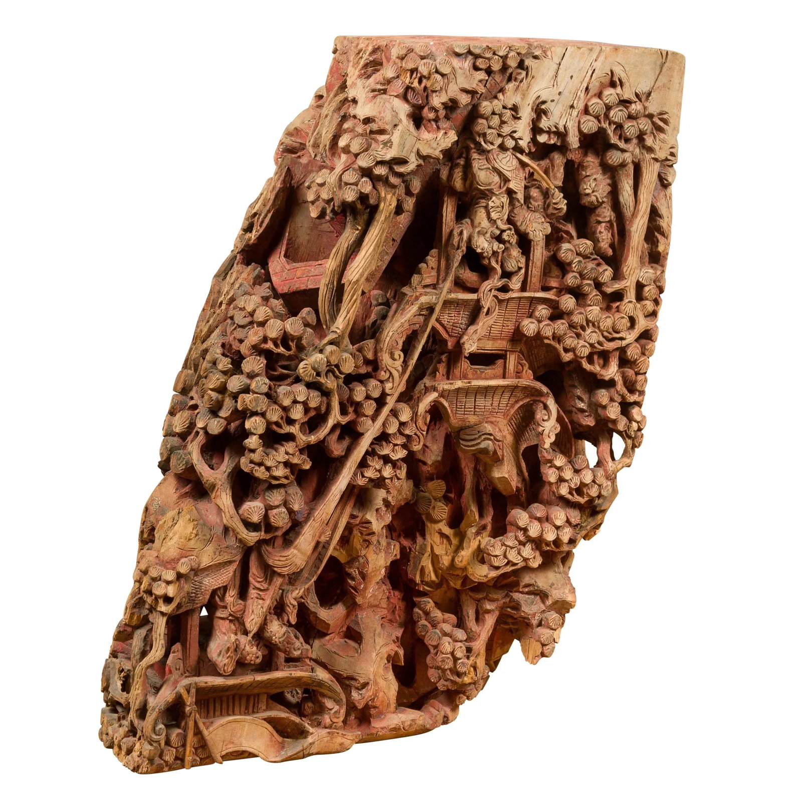 Antique Chinese Hand Carved Temple Corbel with Original Red Polychromy - 2