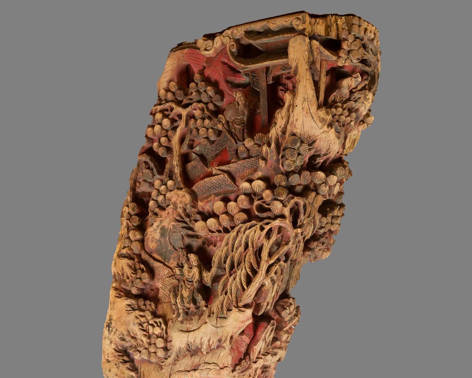 Antique Chinese Hand Carved Temple Corbel with Original Red Polychromy - 9