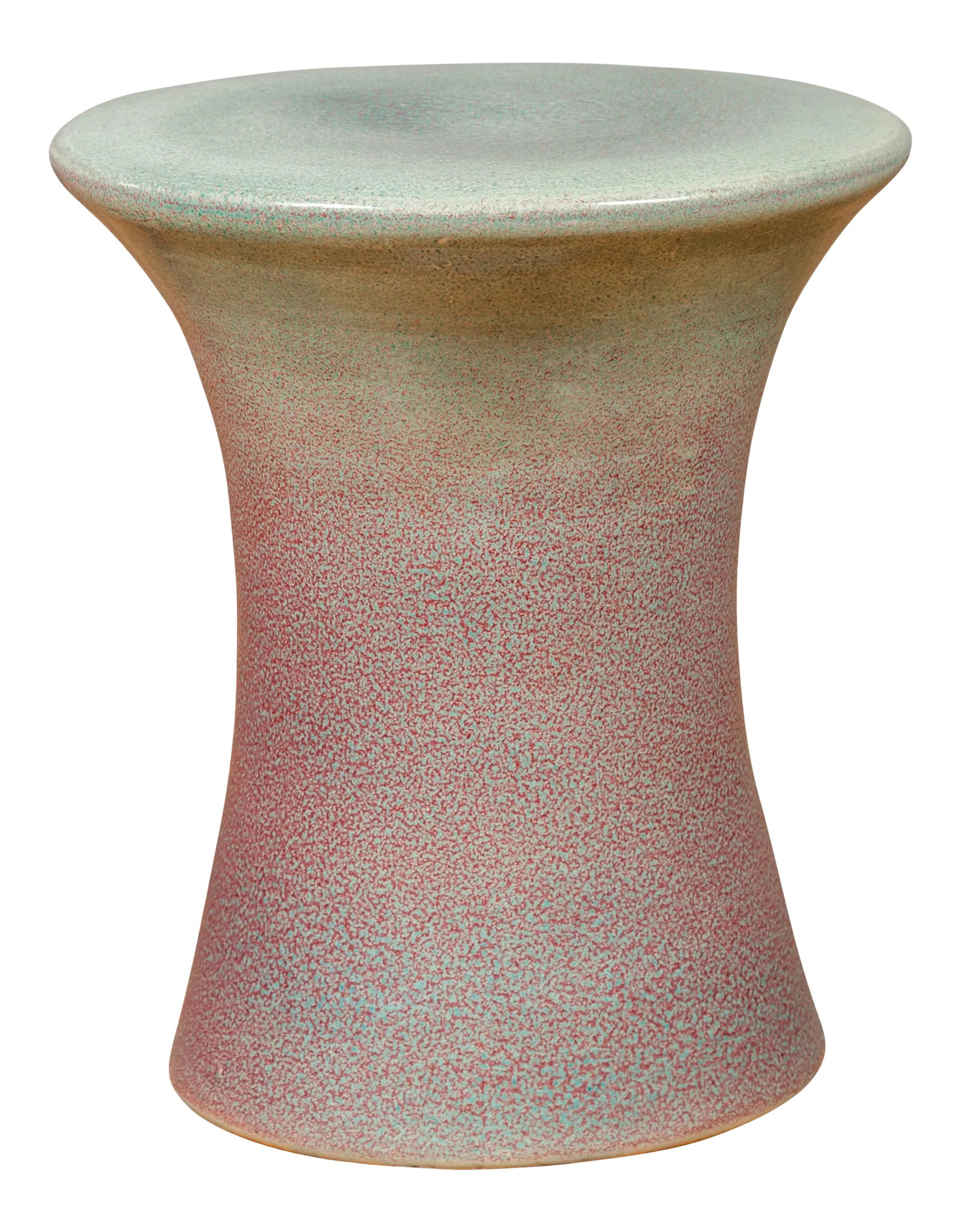 Chinese Contemporary Artisan Hand Painted and Glazed Curving Garden Seat: A Chinese contemporary artisan hand painted and glazed garden seat with green and pink/purple tones. Attracting our attention with its contrasting colors and sleek lines, this contemporary artisan
