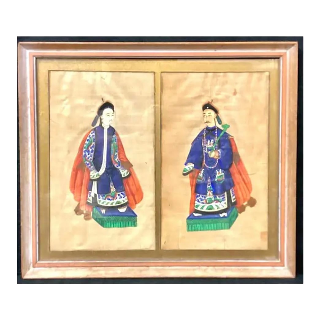 Chinese Ancestral Portrait, Gouache on Paper: Chinese Ancestral Portrait of a man and woman. Portrait shows a man and a woman, each in patterned and richly colored robes. This Chinese portraiture of family elders, done on gouache paper, features