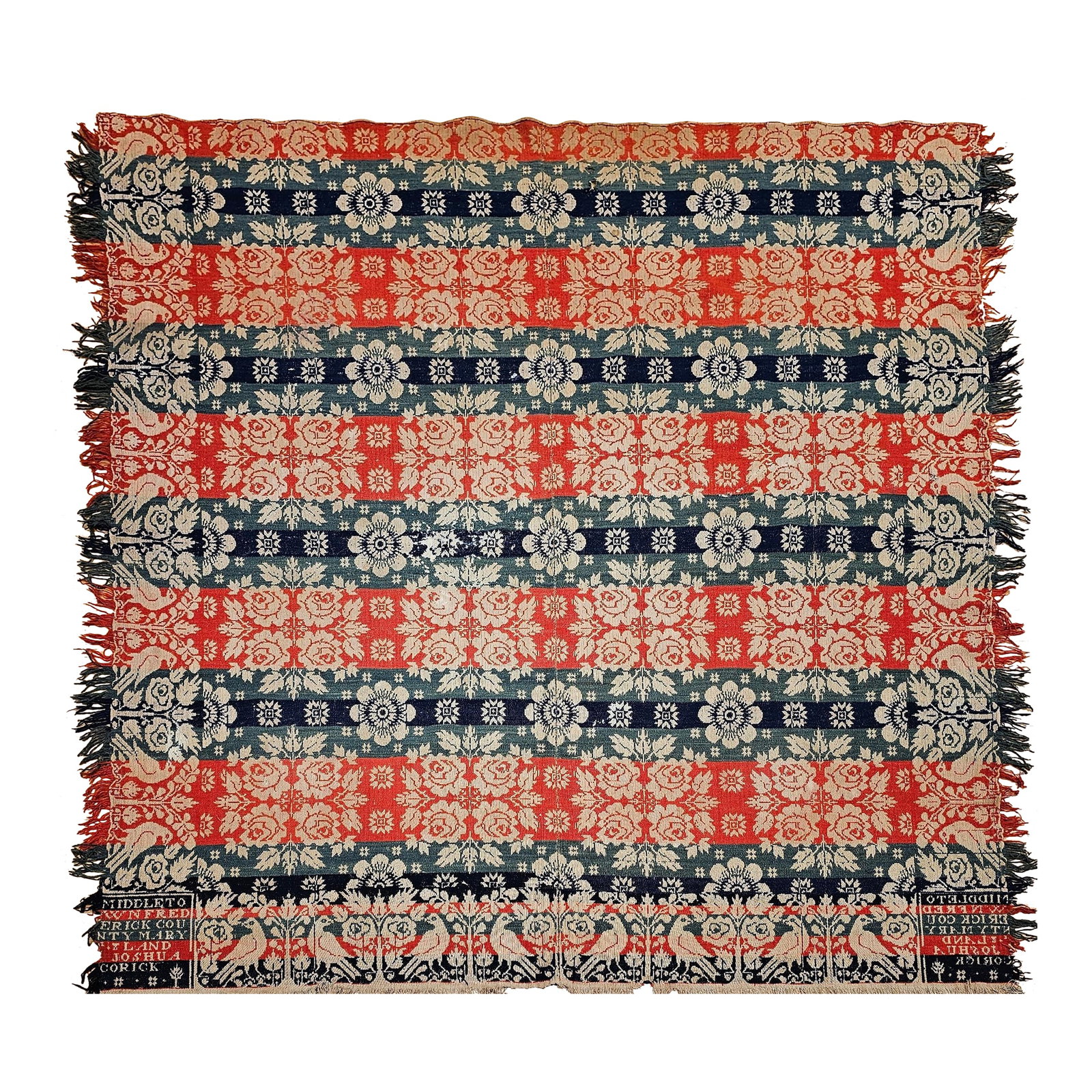 Mid 19th Century American Coverlet: This exceptionally rare Jacquard-woven American coverlet from 1841 is a true collector's gem, signed by the weaver Joshua Corick of Frederick County, Maryland. Woven in rich red, blue, green, and ivor