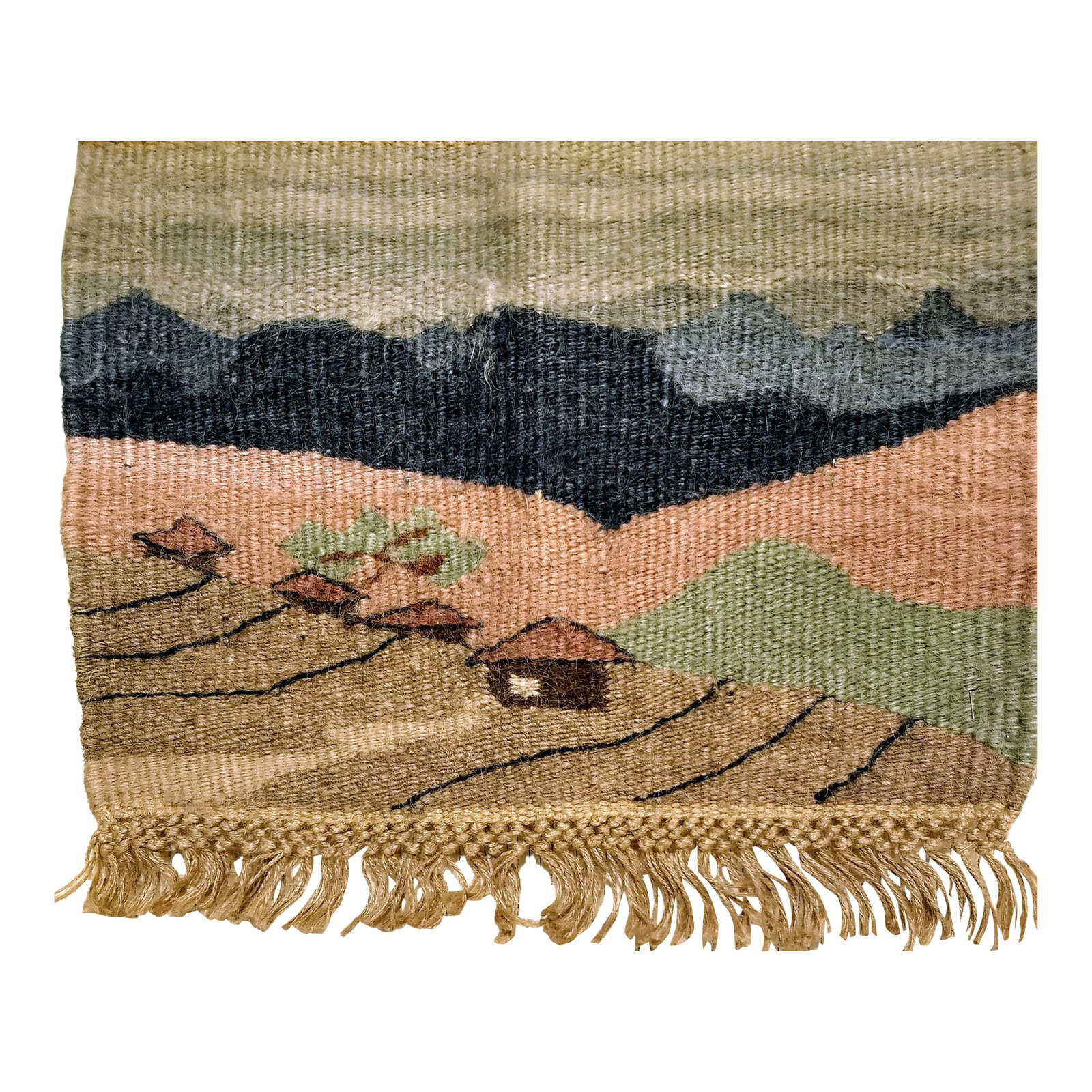 Vintage Hand Woven African Tapestry Depicting Village and Mountain Landscape: A beautiful authentic piece of tribal textile art from the Kingdom of Lesotho, this vintage hand-woven African tapestry captures the serene beauty of a mountain landscape with the directness and