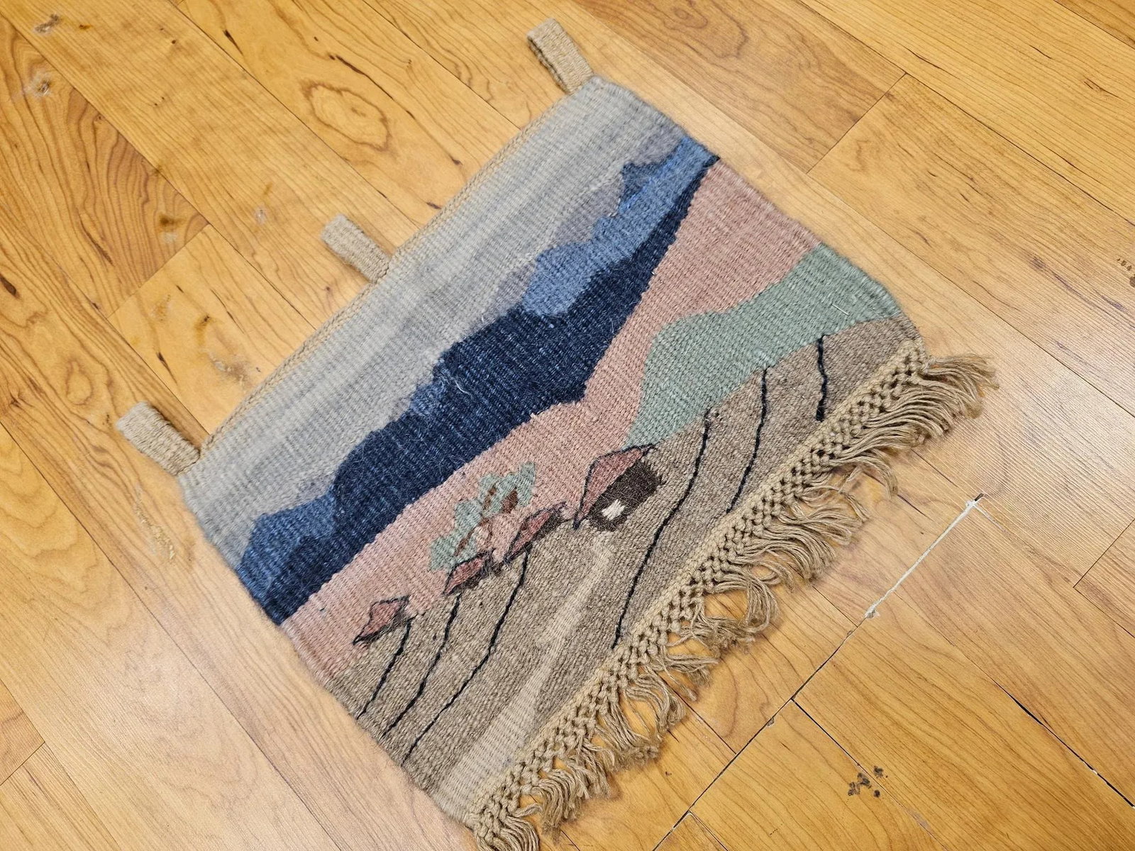Vintage Hand Woven African Tapestry Depicting Village and Mountain Landscape - 2