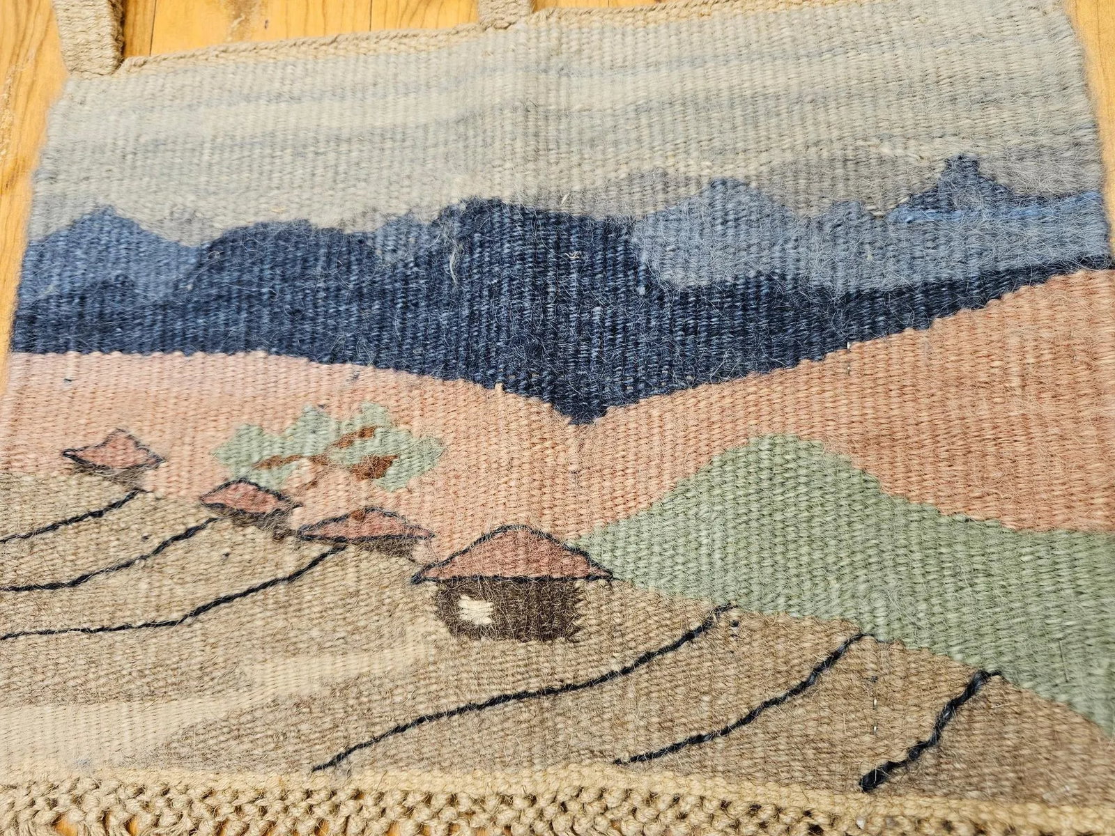 Vintage Hand Woven African Tapestry Depicting Village and Mountain Landscape - 6