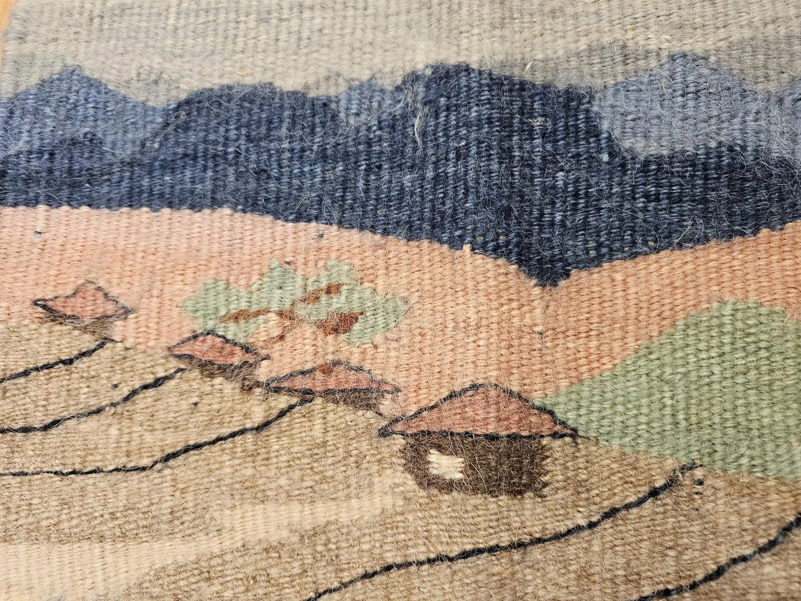 Vintage Hand Woven African Tapestry Depicting Village and Mountain Landscape - 7