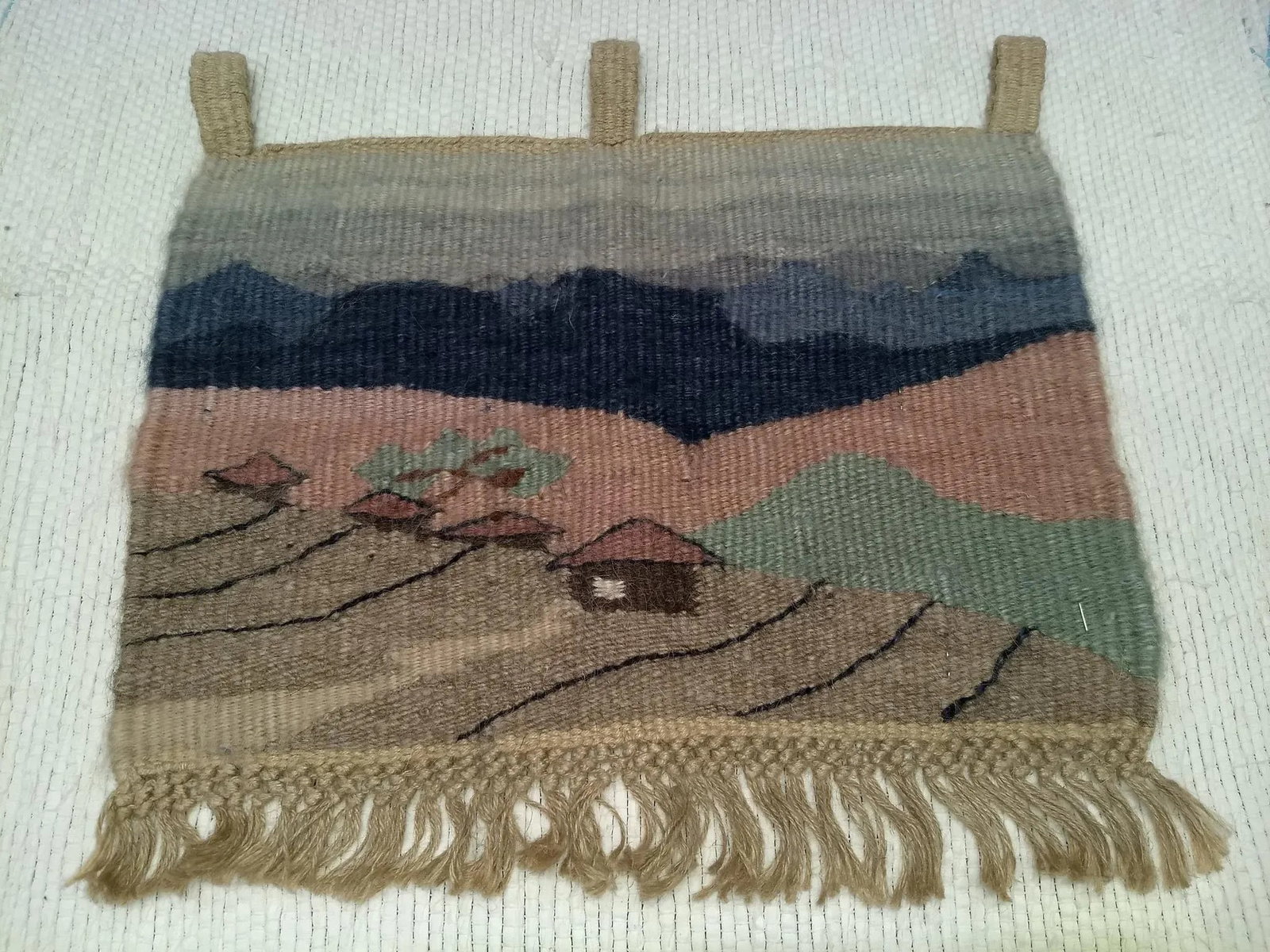 Vintage Hand Woven African Tapestry Depicting Village and Mountain Landscape - 9