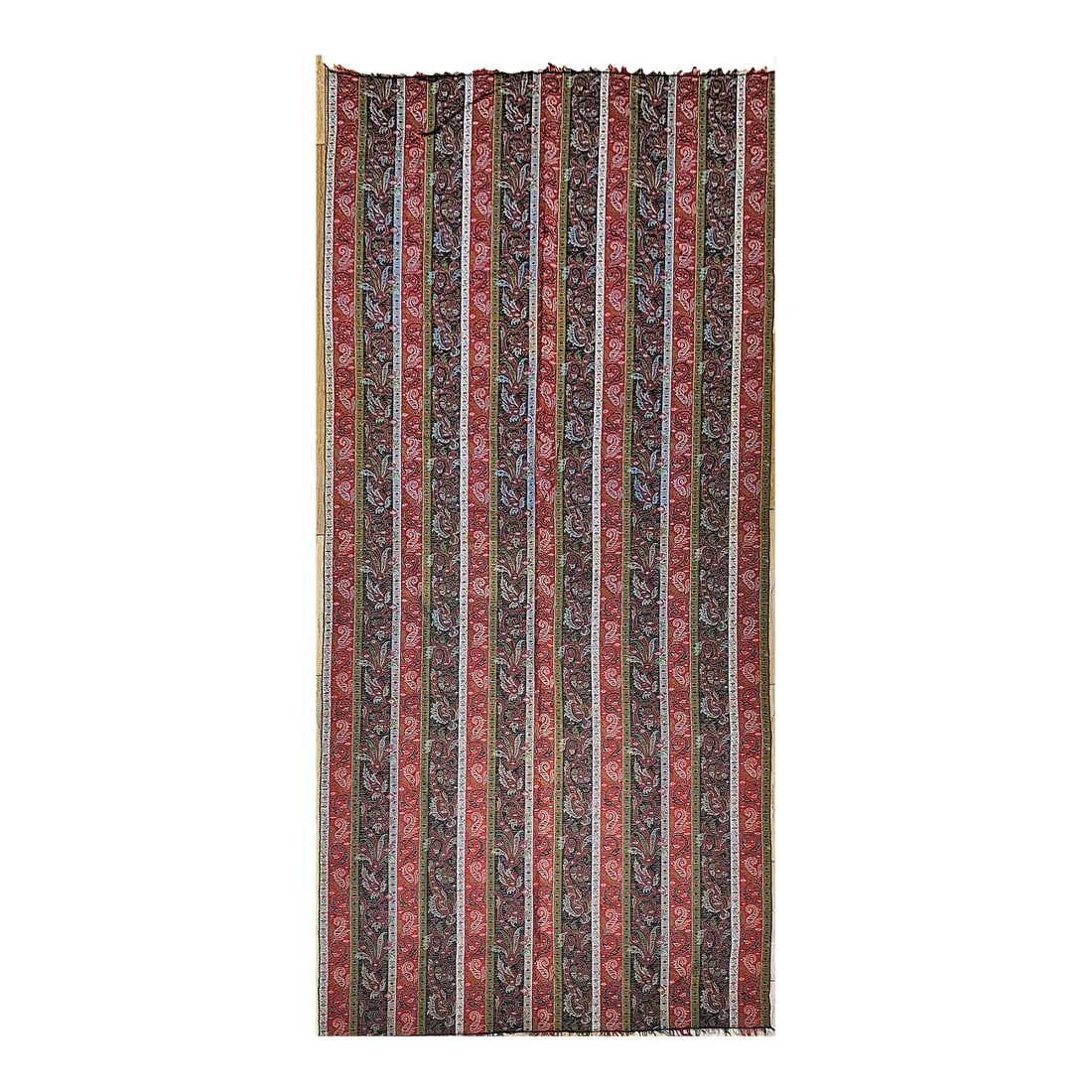 Mid-19th Century Hand-Woven Kashmiri Paisley Shawl, Wool, India: A rare and exquisitely preserved mid-19th century hand woven Kashmiri shawl from Northwest India, showcasing a richly detailed paisley pattern in shades of red, ivory, black, and green. Woven with exc