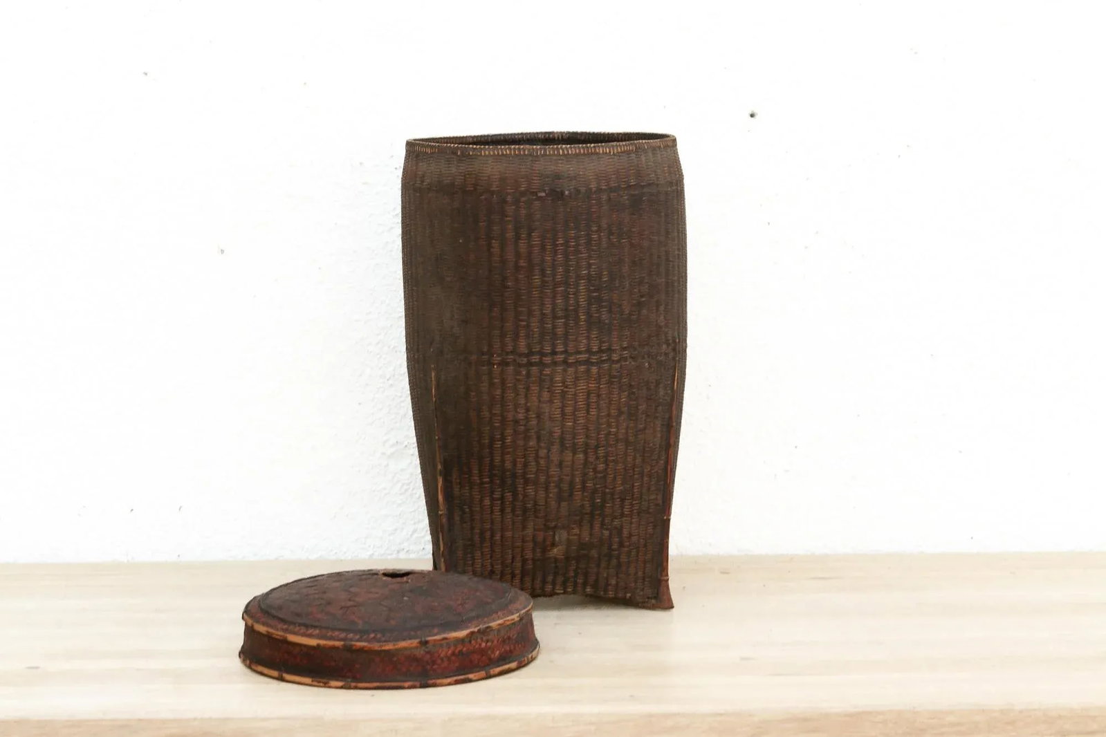 Dark Patinated Brown Woven Basket W/Lid - 3