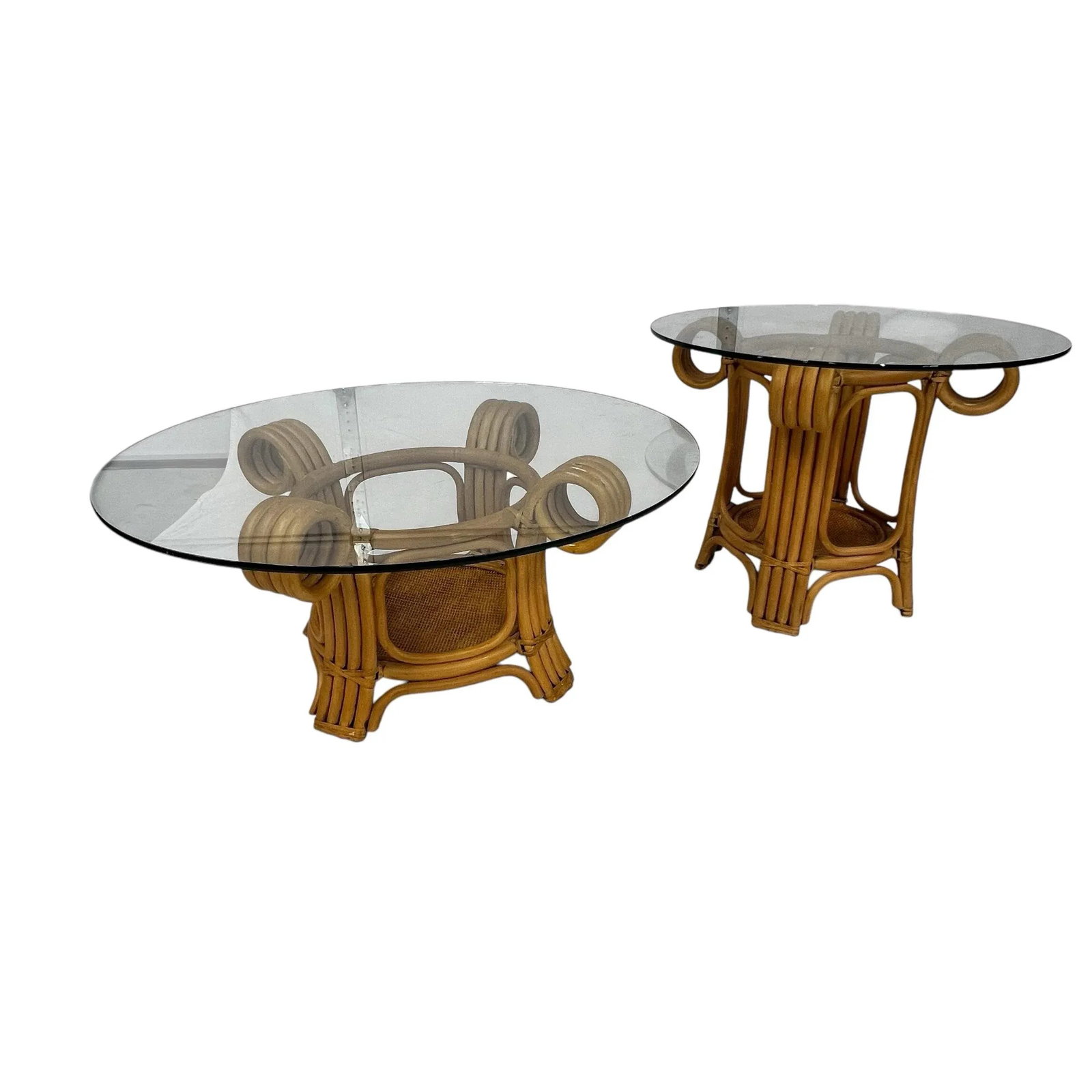 1970s Coastal Sculptural Bent Rattan Coffee and Side Table With Glass Tops - Set of 2 - 2