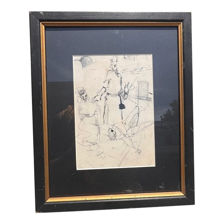 Framed William Oberman Abstract Pen and Ink: Original William Oberman abstract pen and ink artwork nestled behind glass in a slim black wood frame with black mat. The composition is defined by fluid line work and organic shapes that guide the