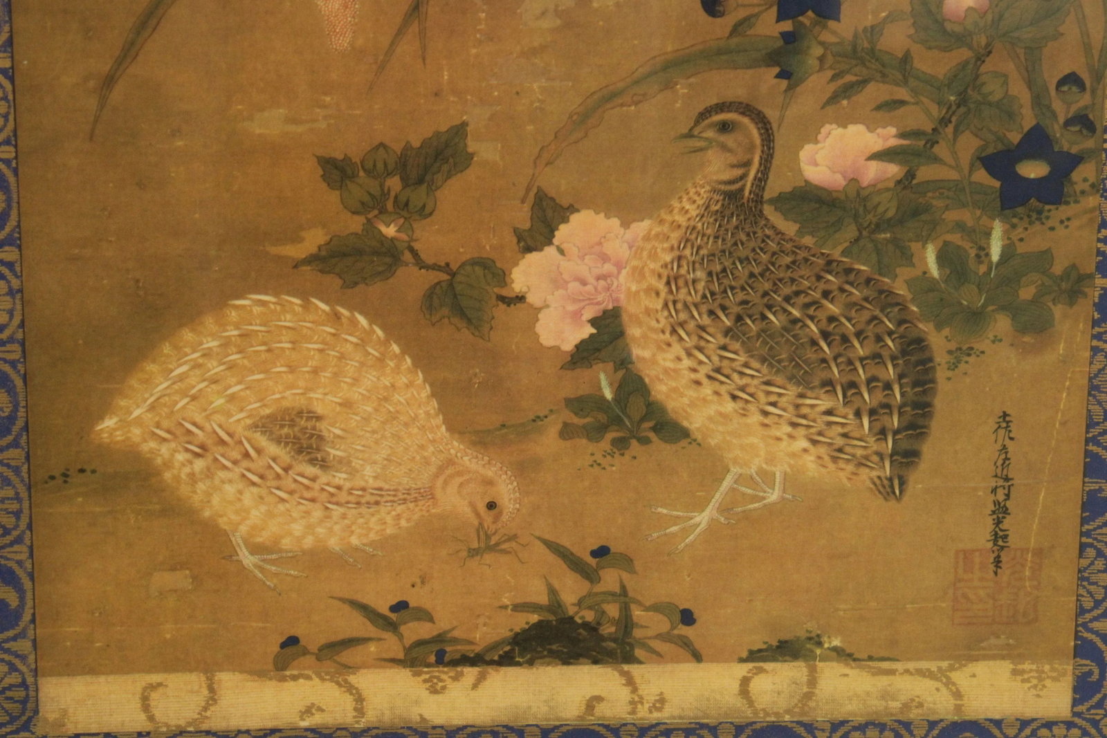 Tosa Mitsuoki "Quail Birds and Flowers" Faux Bamboo Framed Art Print - 11