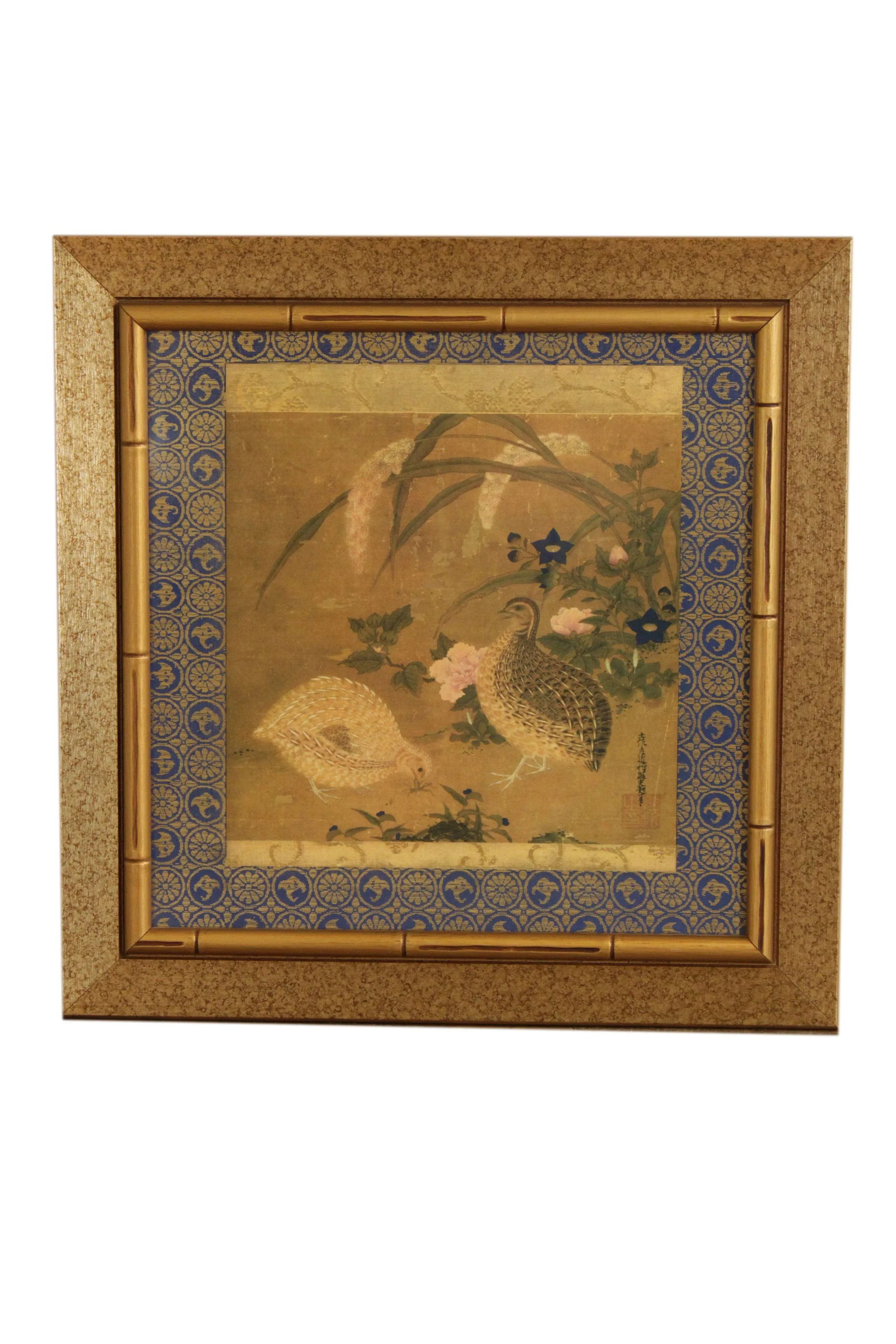 Tosa Mitsuoki "Quail Birds and Flowers" Faux Bamboo Framed Art Print - 13