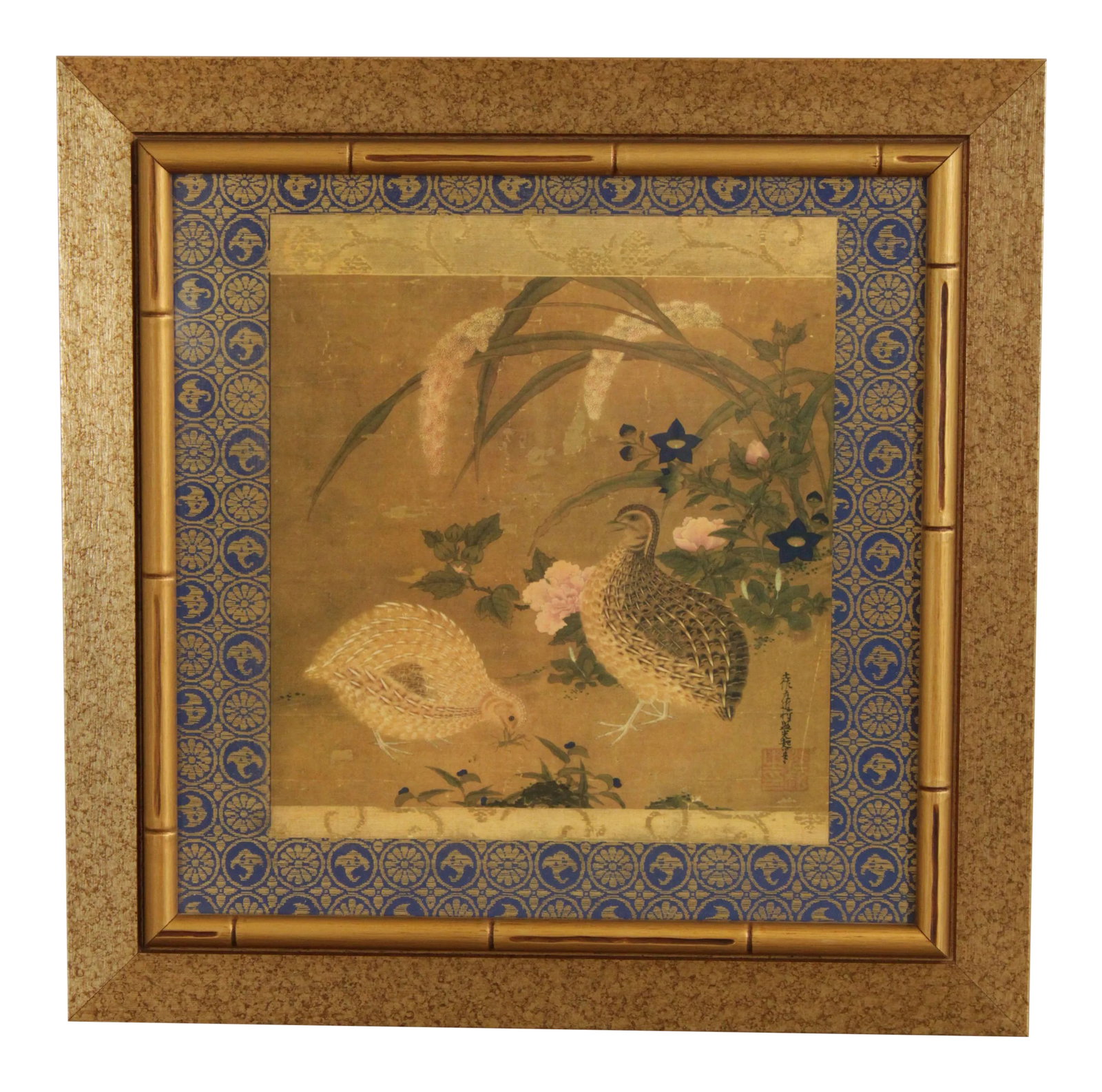 Tosa Mitsuoki "Quail Birds and Flowers" Faux Bamboo Framed Art Print: High Quality Custom Framed and Matted Art Print Condition: Alterations: Original Condition Unaltered Imperfections: Some Imperfections Condition Notes: Clean Vintage Condition. Materials &
