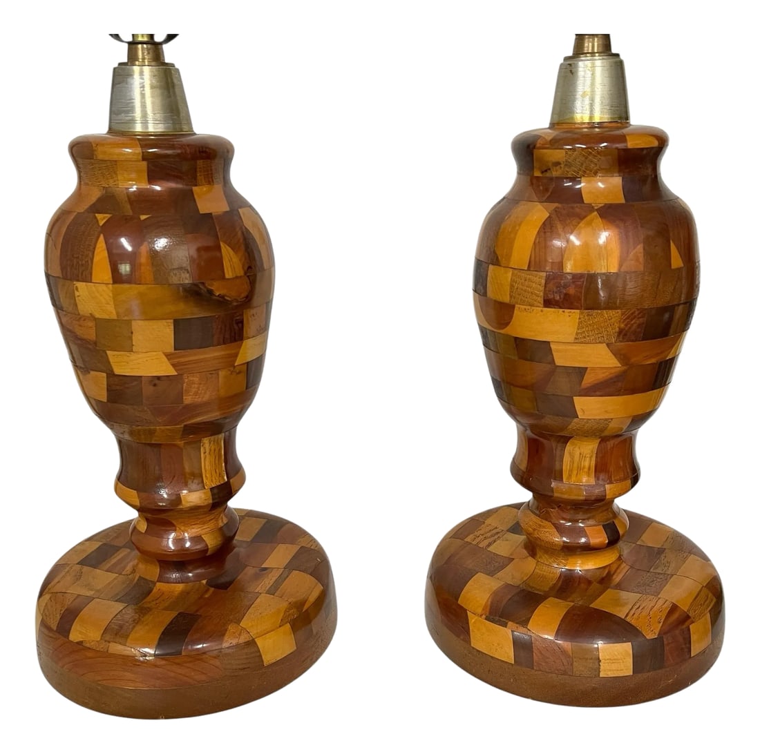 Mid Century Marquetry Lamps - A Pair: Mid Century marquetry lamps. Each is signed on the back under the wire hole. Accommodates 3 way bulbs. Tested and in good working order. One plug has tape on it to cover a chip in the original plug.