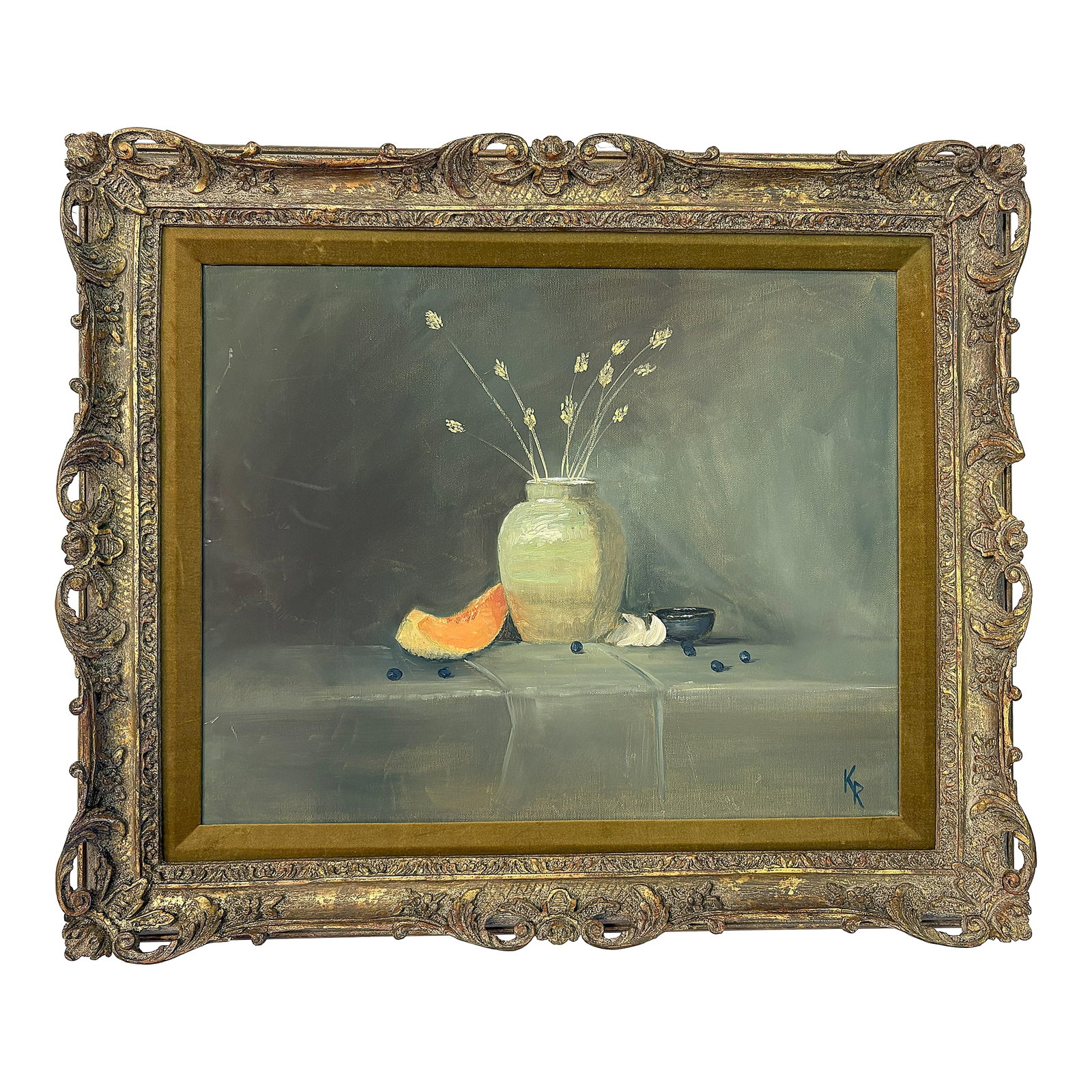 Signed and Framed Original Painting on Canvas by Karen Reinhart (American, 1938-2023): Signed original painting on canvas by American artist Karen Reinhart (1938-2023). Karen was a beloved art teacher, and this was acquired from her Palm Beach Estate in 2024. The piece depicts a moody