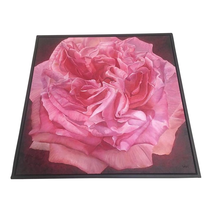 Framed Oil on Canvas Pink Rose " Viviene" by Shelly Gurton: This stunning pink rose titled "Viviene" was painted by Shelly Gurton, a native of Georgia, born and raised in Savannah and Atlanta. She attended the University of Georgia where she received her BFA.