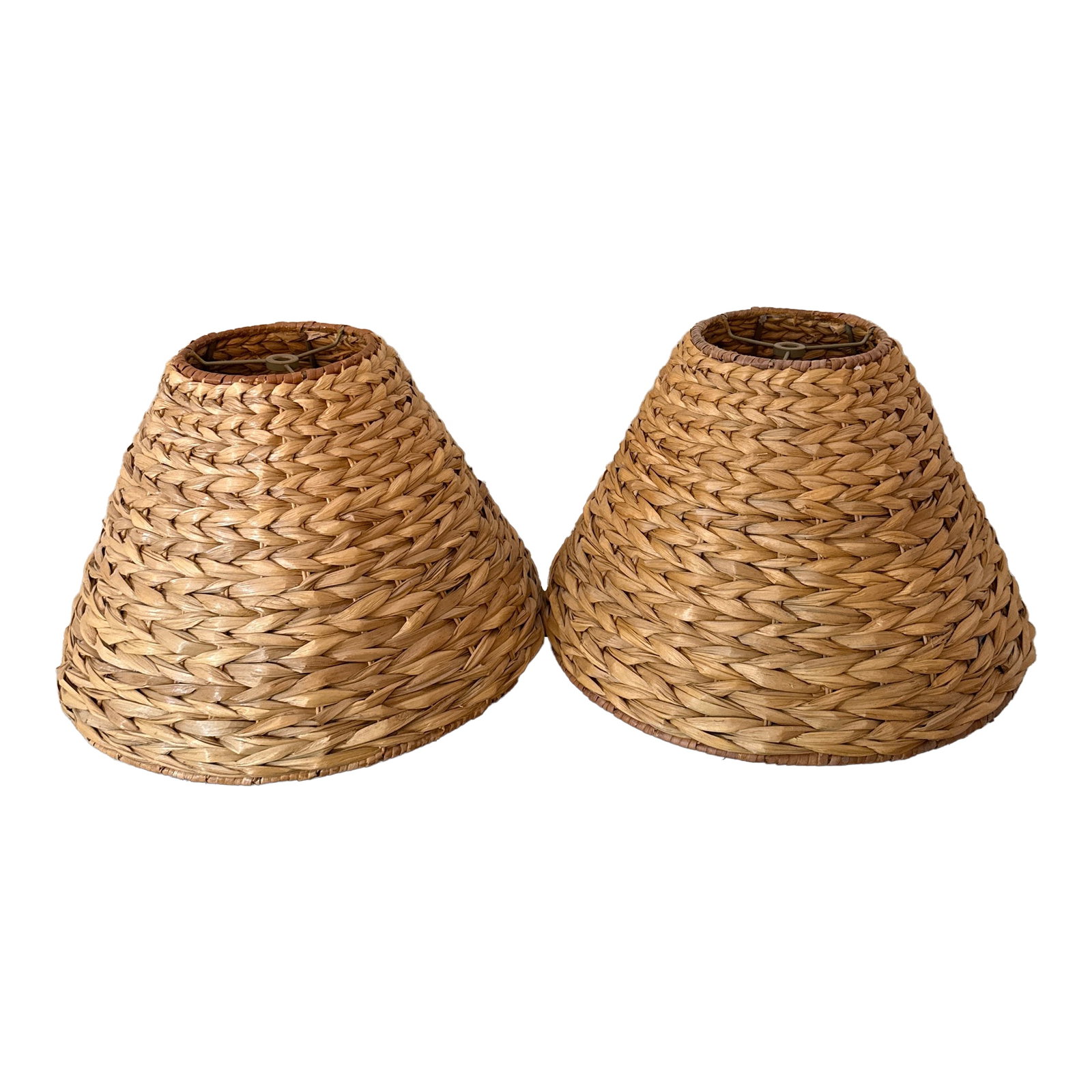 1970s Water Hyacinth Sconce Lamp Shade - A Pair: 1Add this handwoven water hyacinth lampshade to your sconce for a natural aesthetic Condition: Alterations: Original Condition Unaltered Imperfections: Some Imperfections Condition Notes: in great