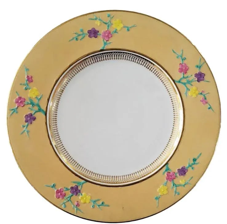4 Copeland Blanc De Chine Spode Dinner Plates - Wide Yellow Rim Colorful Flowers - 2