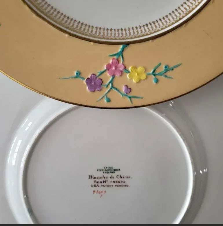 4 Copeland Blanc De Chine Spode Dinner Plates - Wide Yellow Rim Colorful Flowers - 3