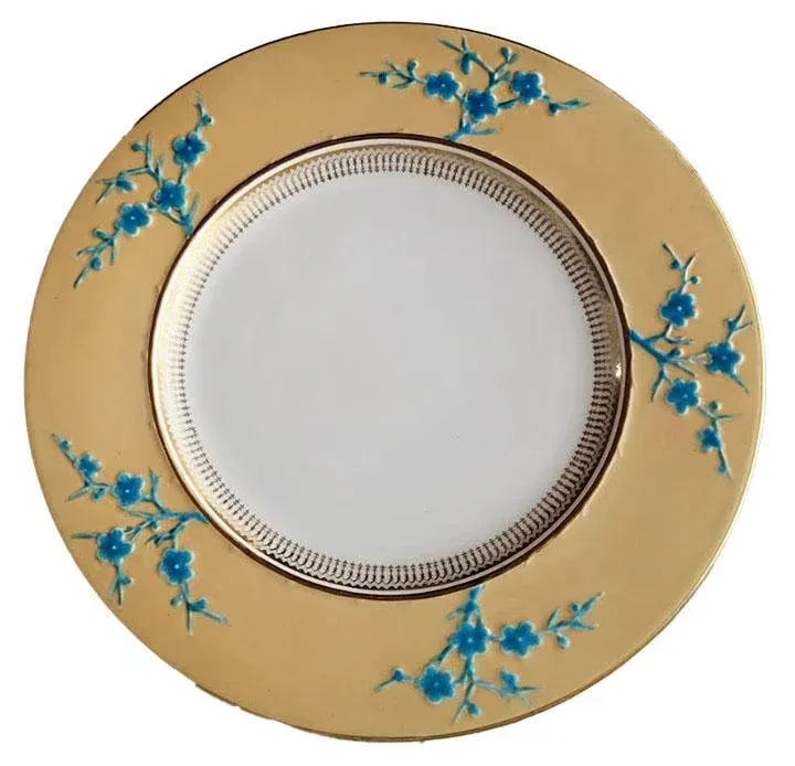 4 Copeland Blanc De Chine Spode Dinner Plates - Wide Yellow Rim Colorful Flowers - 4