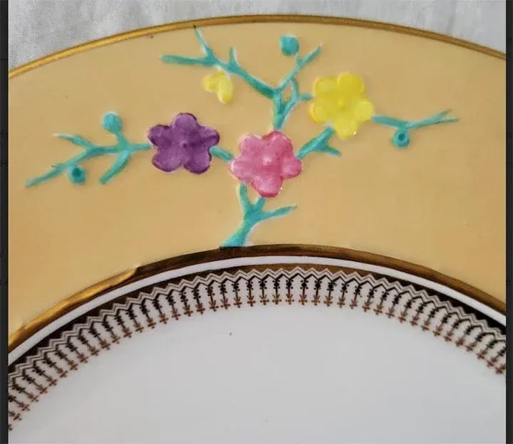 4 Copeland Blanc De Chine Spode Dinner Plates - Wide Yellow Rim Colorful Flowers - 5